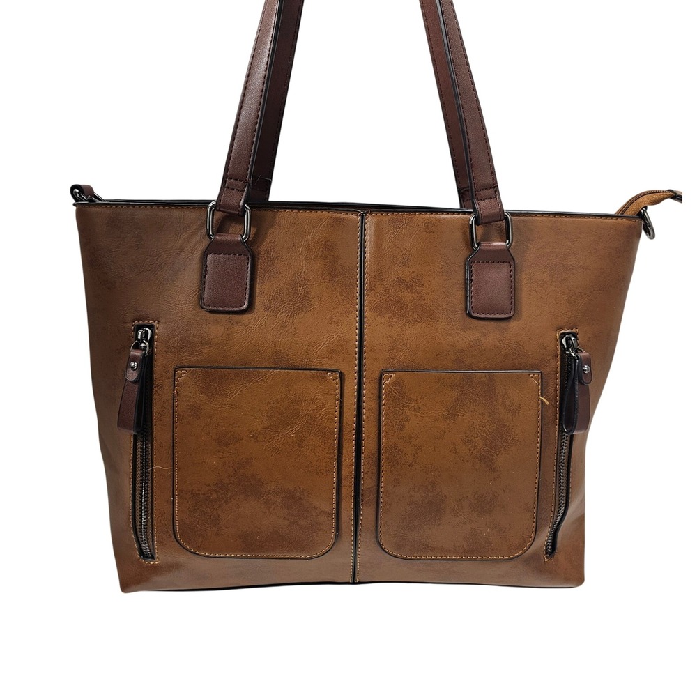 LOVEVOOK Cognac Brown Faux Leather Tote Bag Vintage Style Shoulder Bag